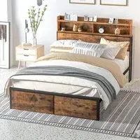 Double Steel Bed Frame with Storage - Brown