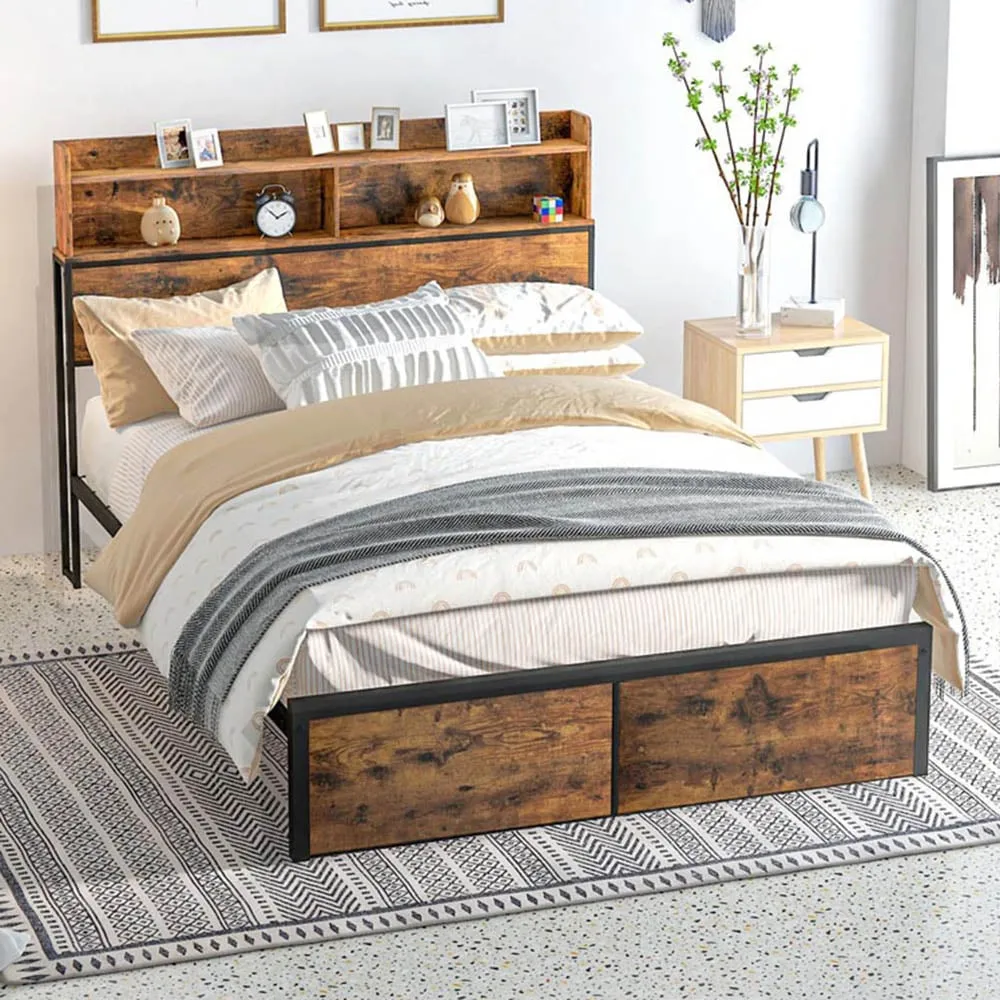 Double Steel Bed Frame with Storage - Brown