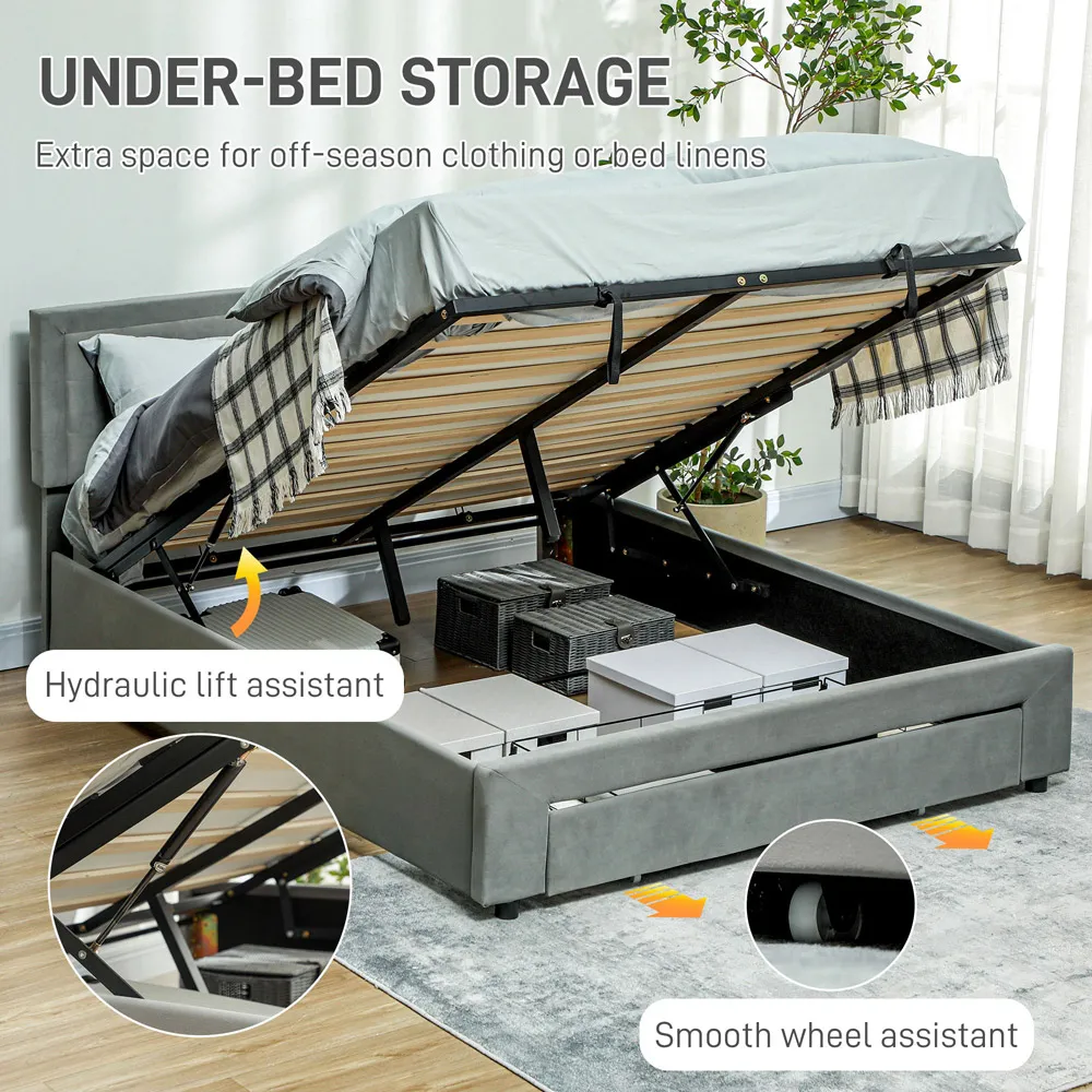 Double Storage Bed with Hydraulic Lift - Grey, Velvet