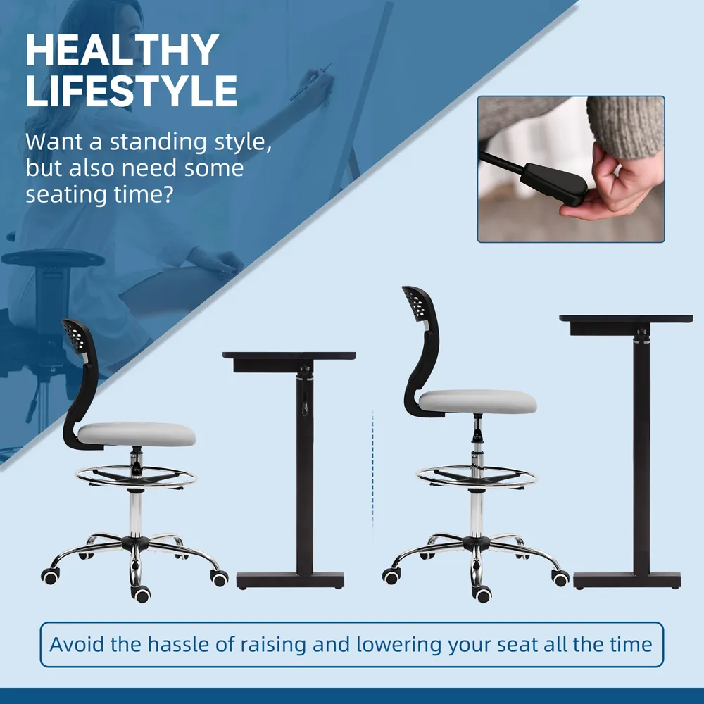 Draughtsman Office Chair with Wheels - Light Grey