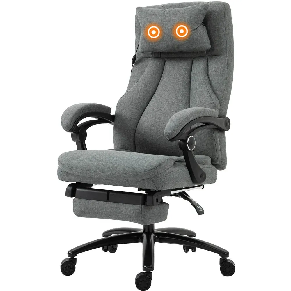 Ergonomic Massage Office Chair with Footrest - Grey, Linen