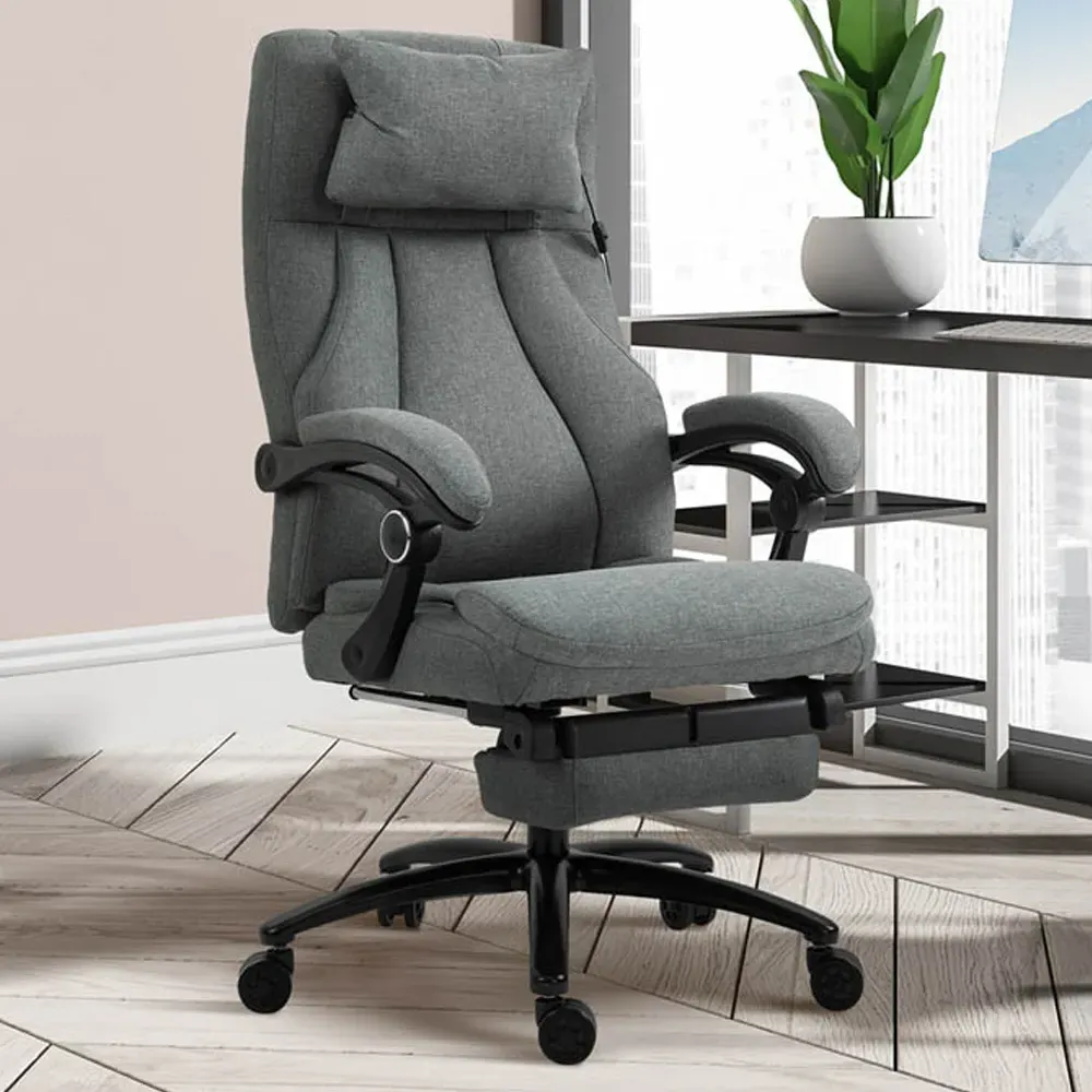Ergonomic Massage Office Chair with Footrest - Grey, Linen