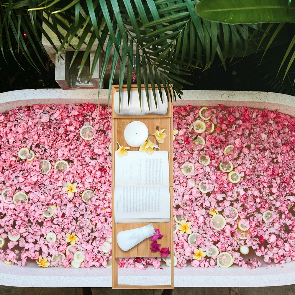 Extendable Bathtub Shelf with Storage - Bamboo
