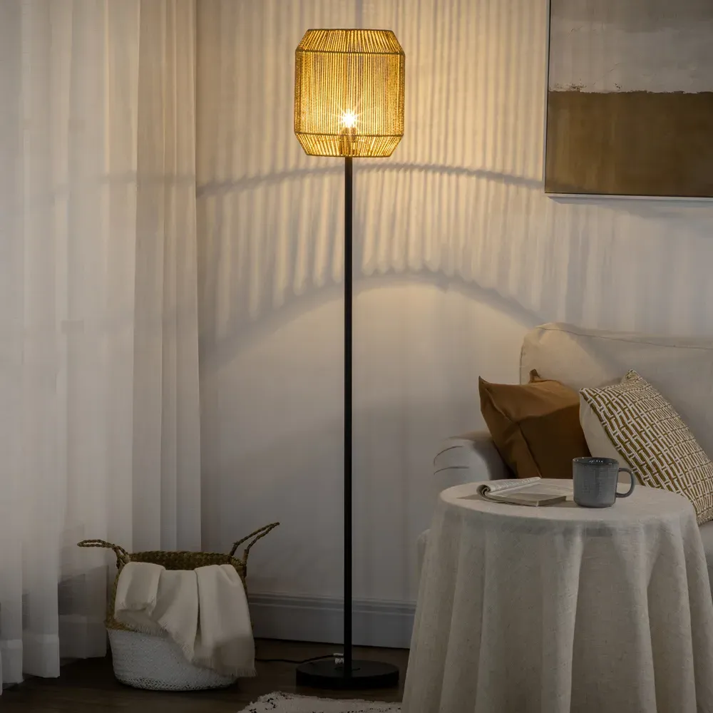 Farmhouse Floor Lamp with Rattan Shade - Brown