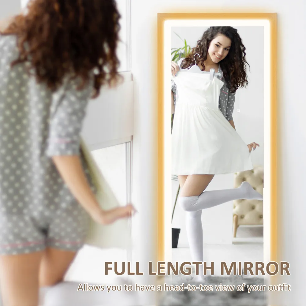 Full Length Mirror with Dimming Lights - Brown, Wood Effect