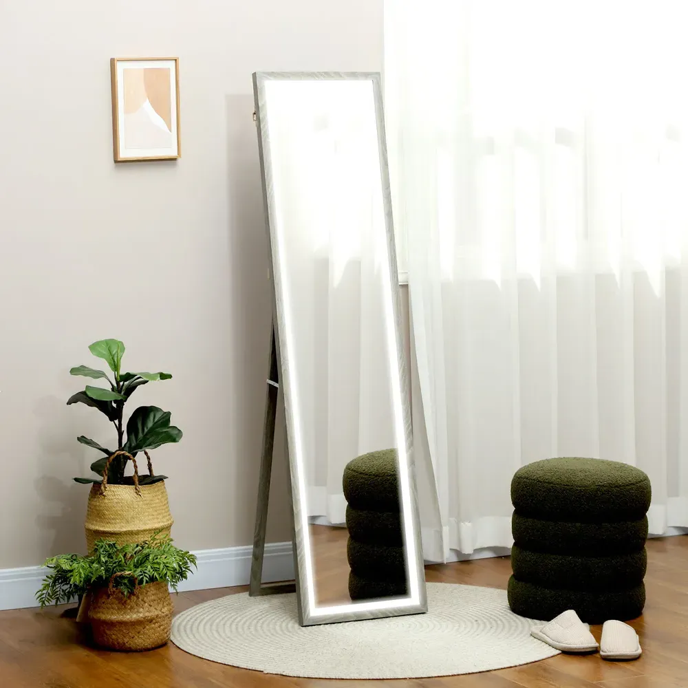 Full Length Mirror with Dimming Lights - Grey, Wood Effect