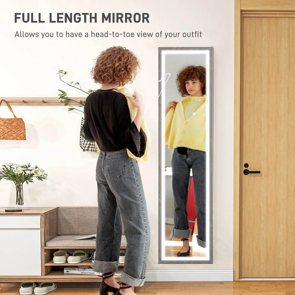 Full Length Mirror with Dimming Lights - Grey, Wood Effect