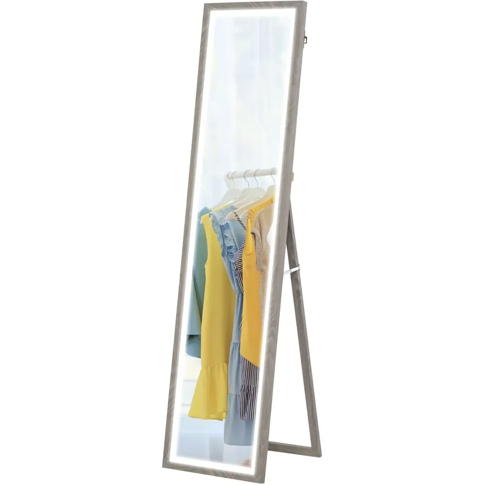 Full Length Mirror with Dimming Lights - Grey, Wood Effect