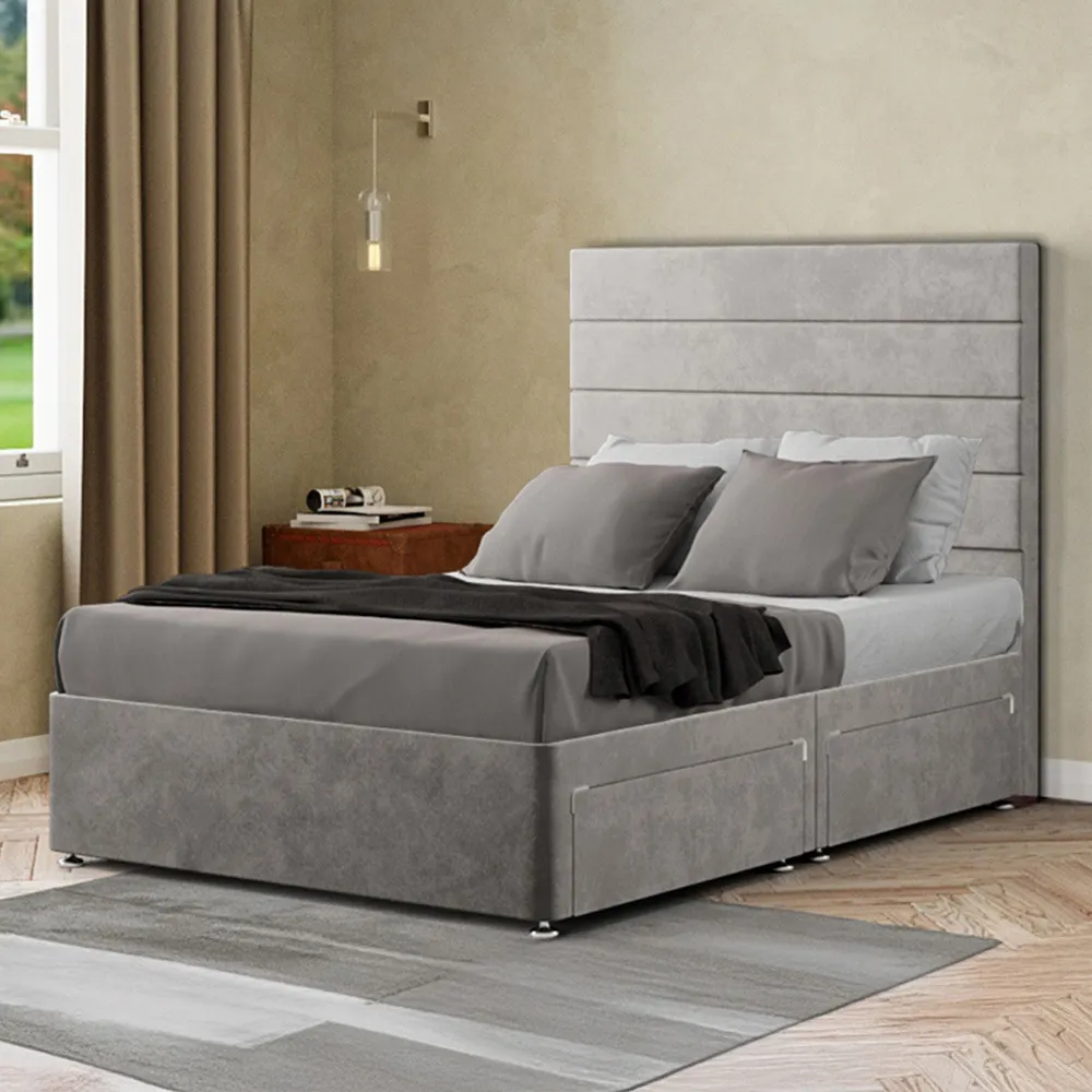 George Double Divan Bed with 2 Drawer - Silver, Plush