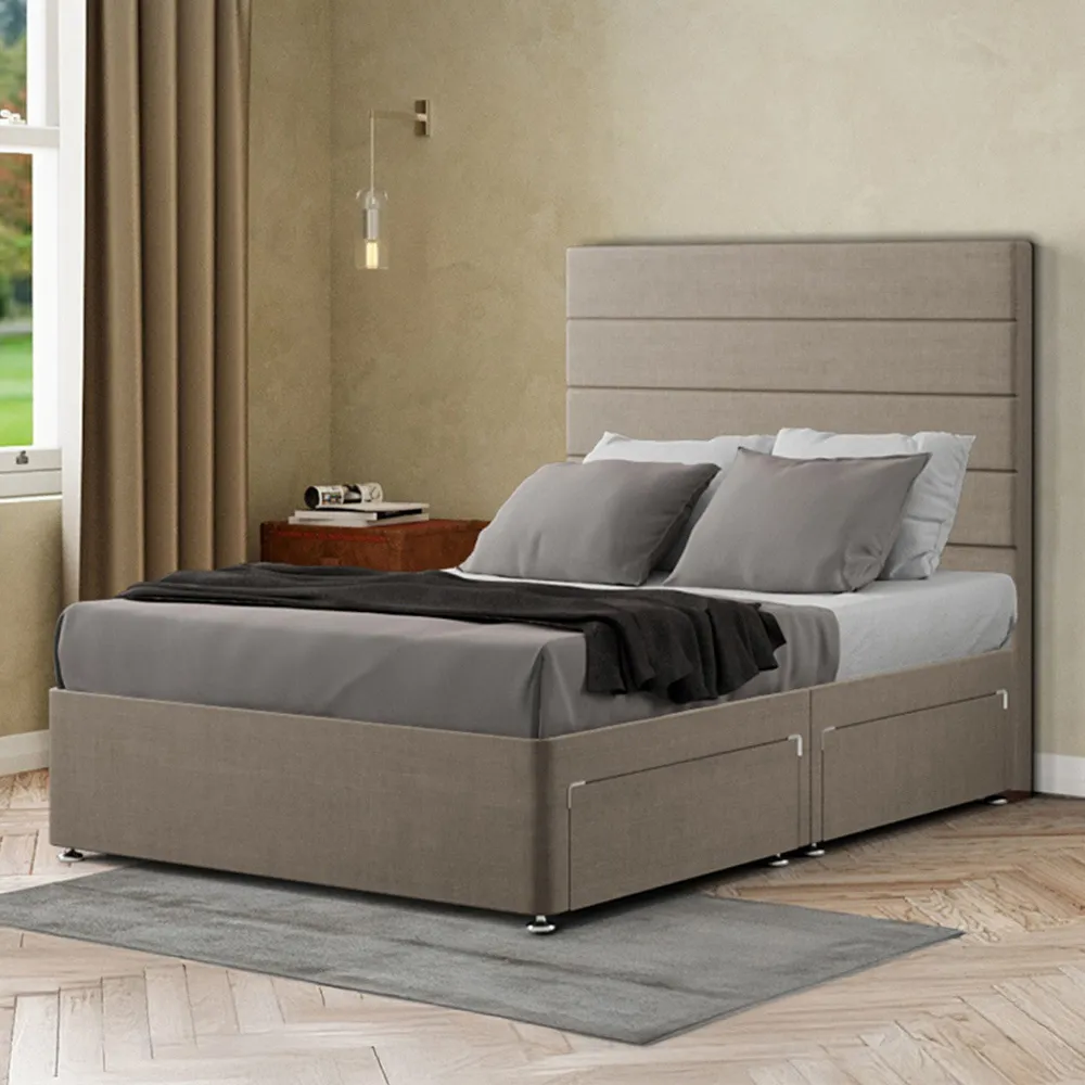 George King Size Divan Bed with 2 Drawer - Beige, Linen