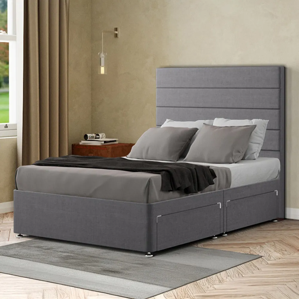 George King Size Divan Bed with 2 Drawer - Grey, Linen