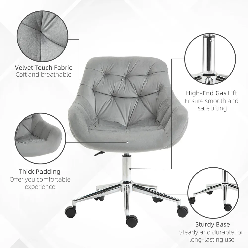 Grey Velvet Swivel Office Chair with Arms