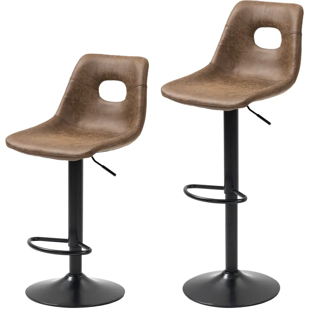 Height Adjustable Bar Stool Set of 2 - Brown, Faux Leather