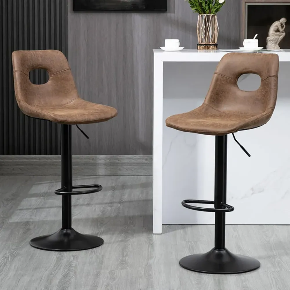 Height Adjustable Bar Stool Set of 2 - Brown, Faux Leather