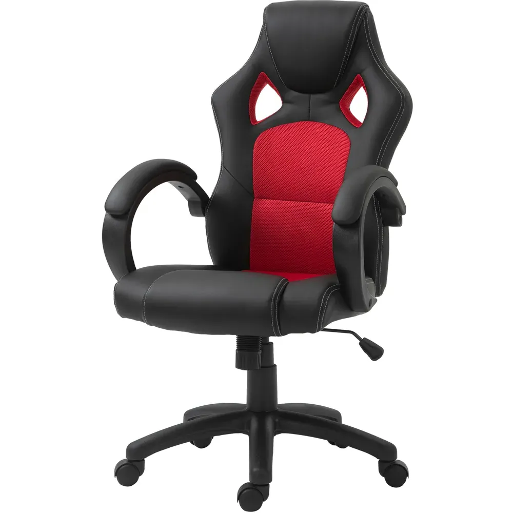 High Back Desk Chair with Headrest - Black Red, Faux Leather
