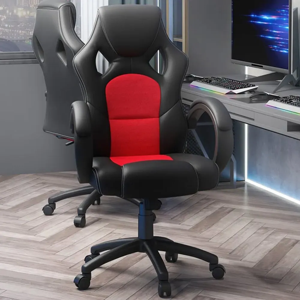 High Back Desk Chair with Headrest - Black Red, Faux Leather image