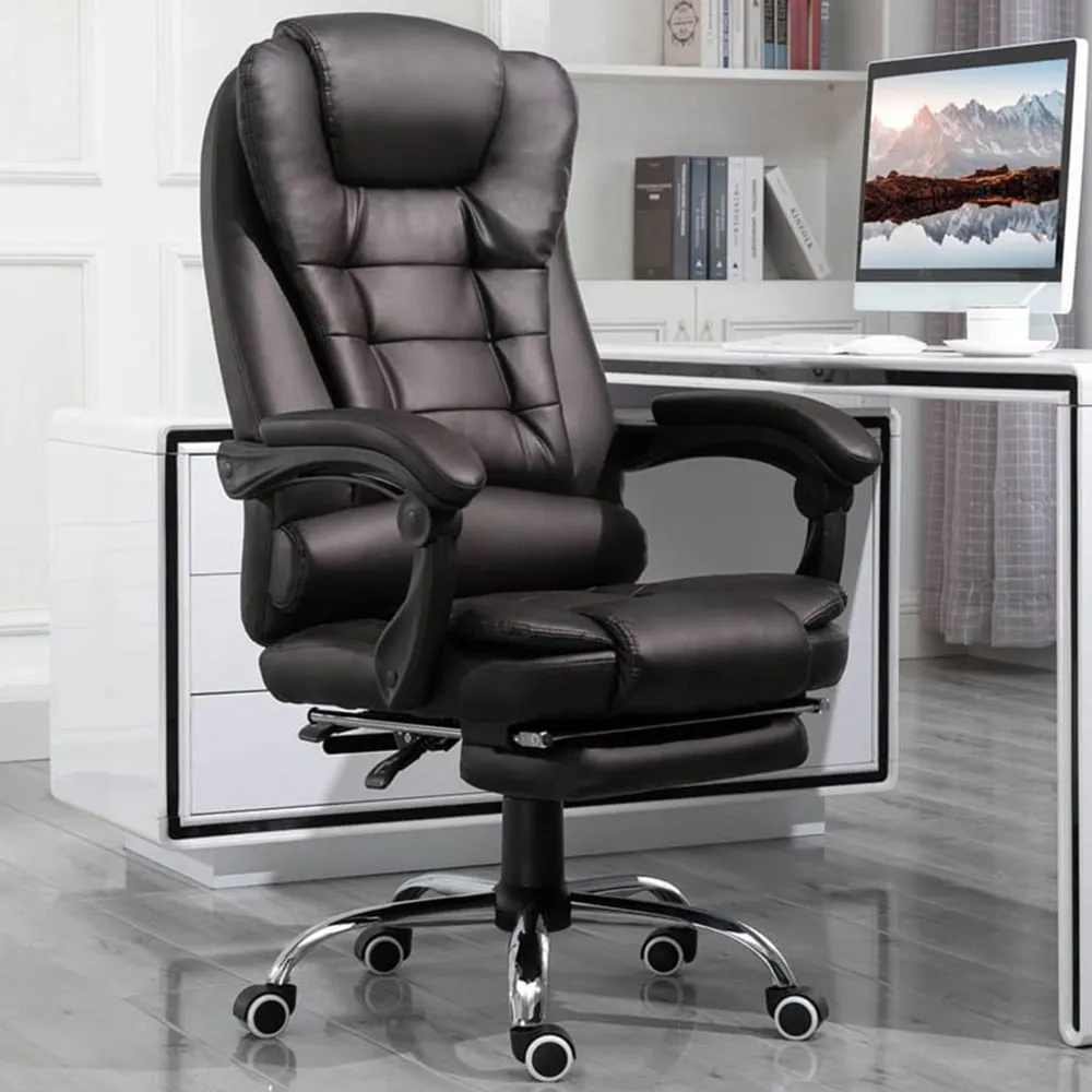 High Back Executive Office Chair with Footrest - Brown, PU Leather