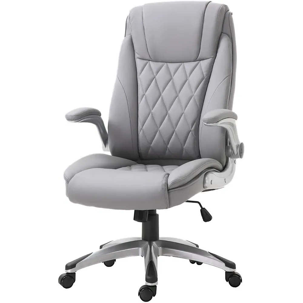 High Back Executive Office Chair with Headrest - Grey, PU Leather