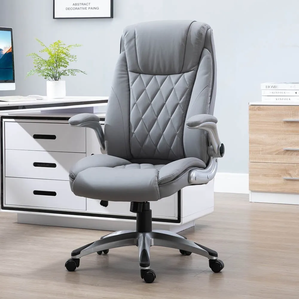 High Back Executive Office Chair with Headrest - Grey, PU Leather