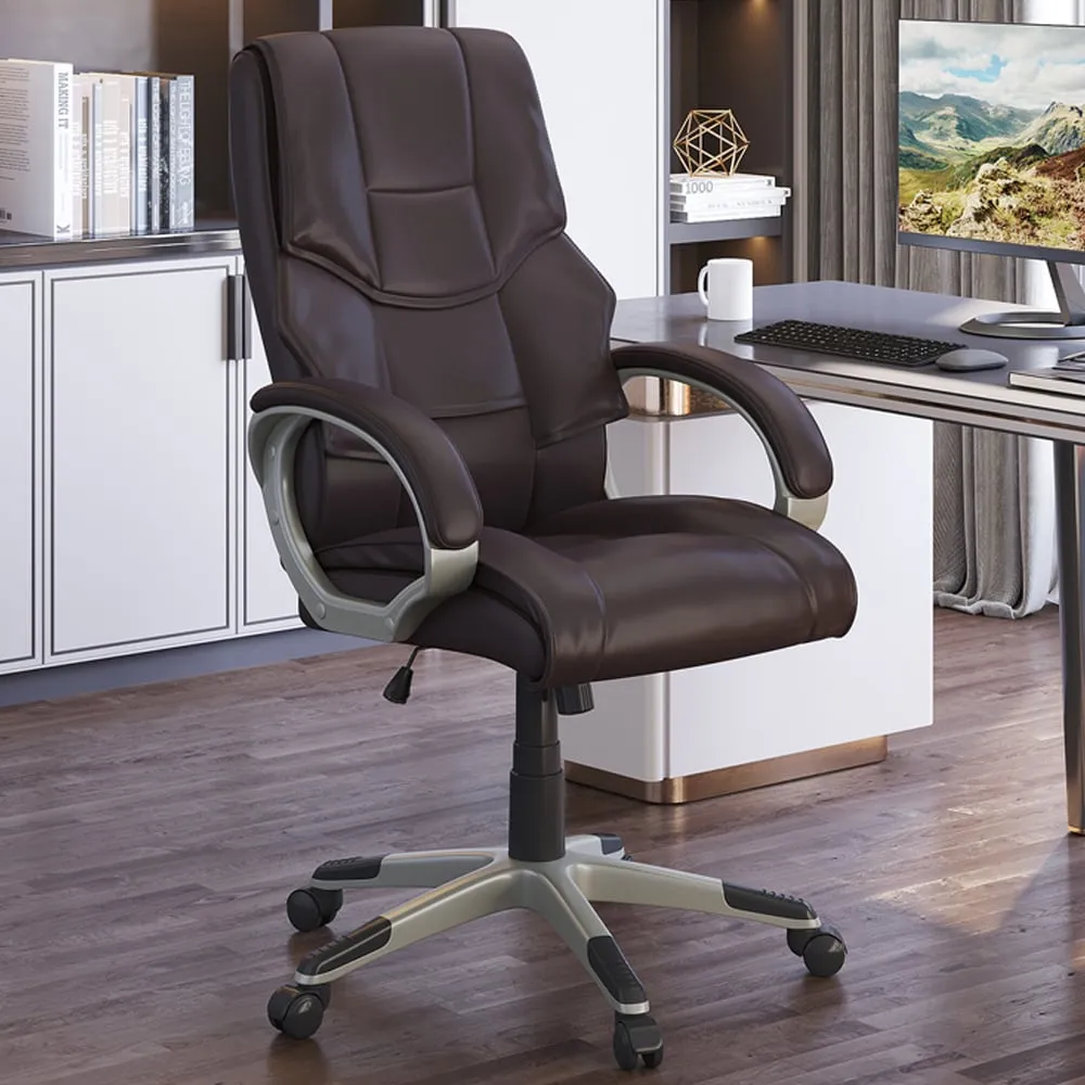 High Back Office Chair with Armrests - Brown, Faux Leather
