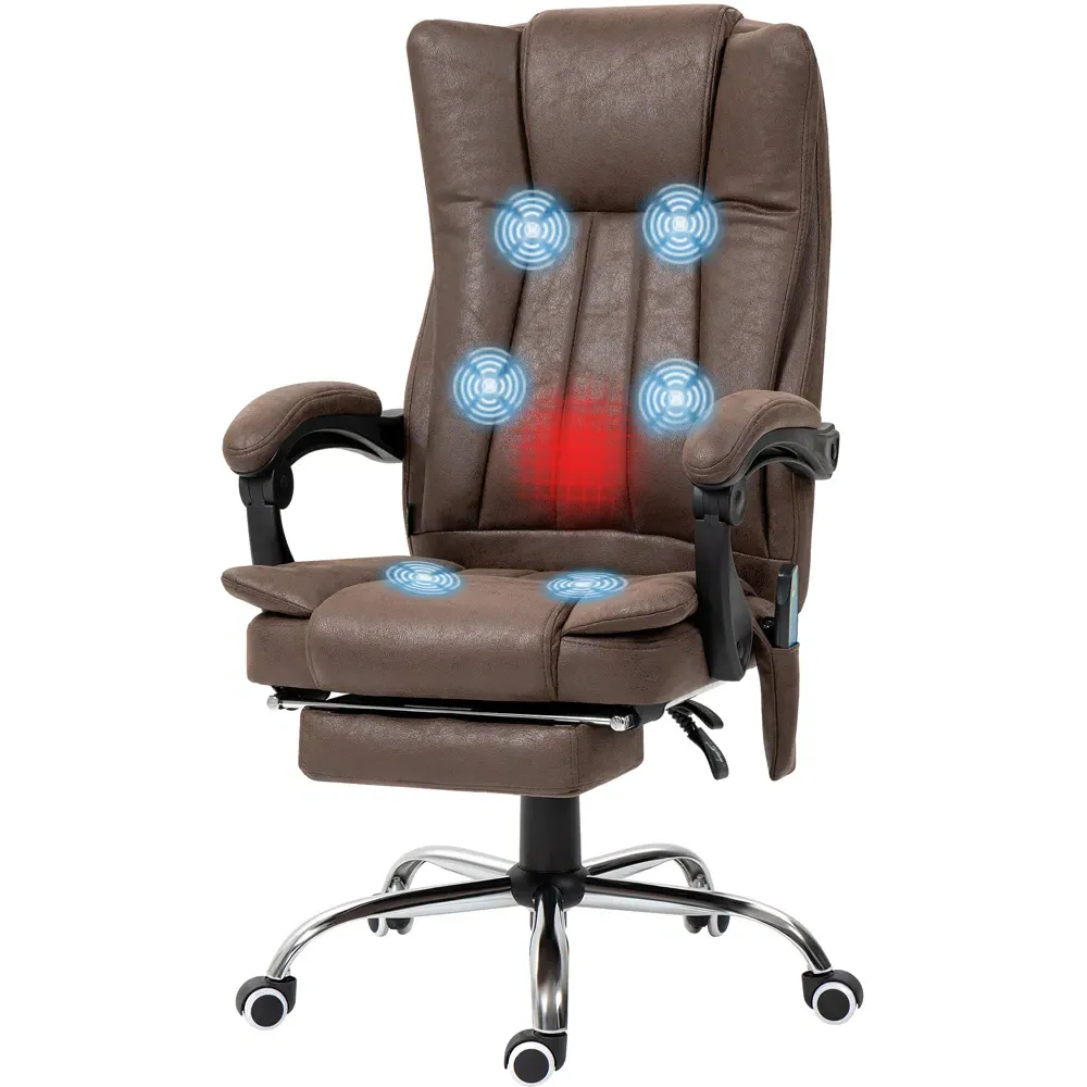 High Back Office Chair with Massage and Heat - Brown, Microfibre