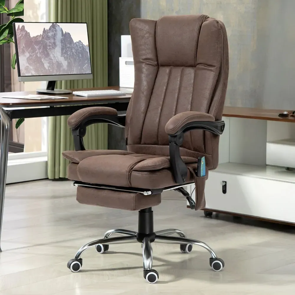 High Back Office Chair with Massage and Heat - Brown, Microfibre
