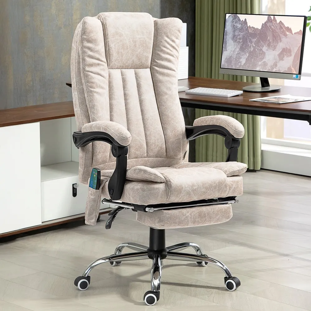 High Back Office Chair with Massage and Heat - Cream, Microfibre image