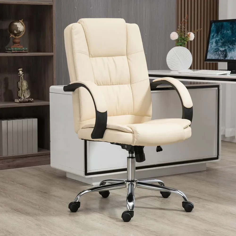 High Back Swivel Office Chair - Cream, PU Leather