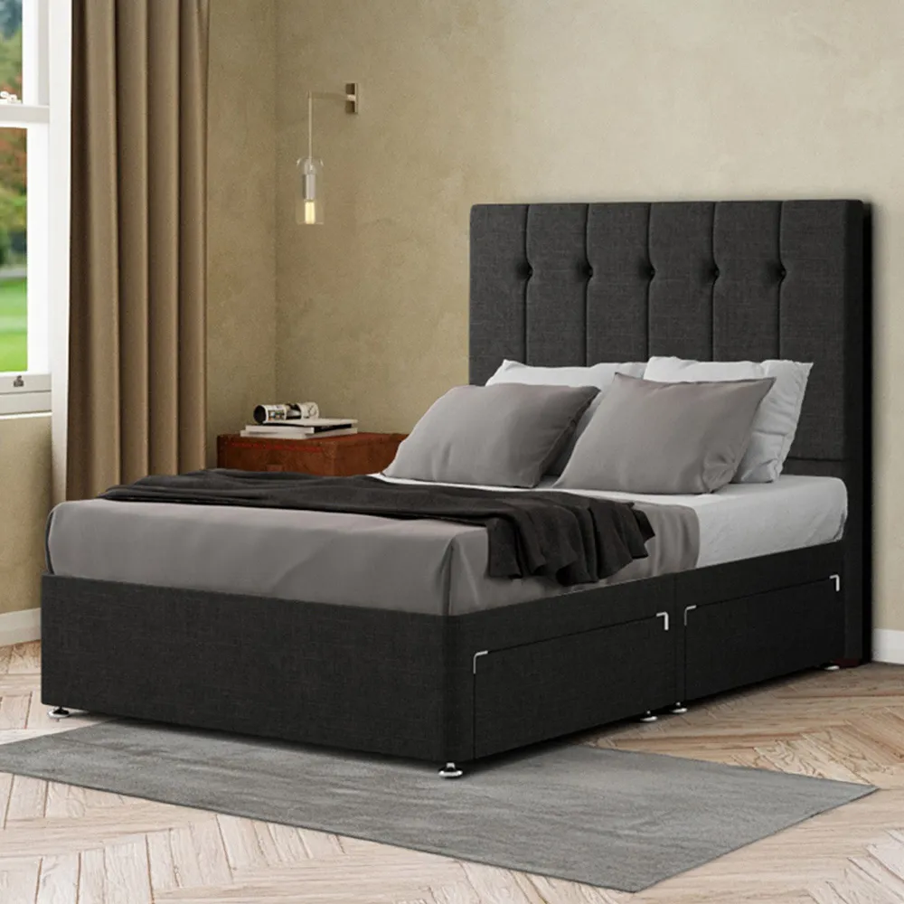 Highland King Size Divan Bed with Storage - Black, Linen