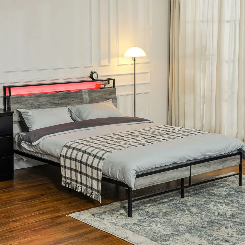 HOMCOM Double Bed Frame with Charging Station and Lights - Grey