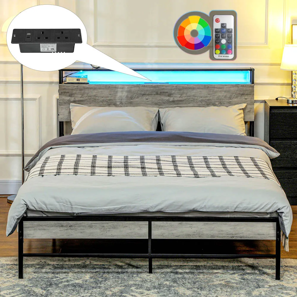 HOMCOM Double Bed Frame with Charging Station and Lights - Grey
