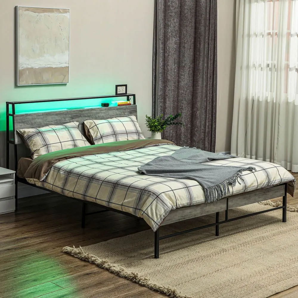 HOMCOM Double Bed Frame with Charging Station and Lights - Grey