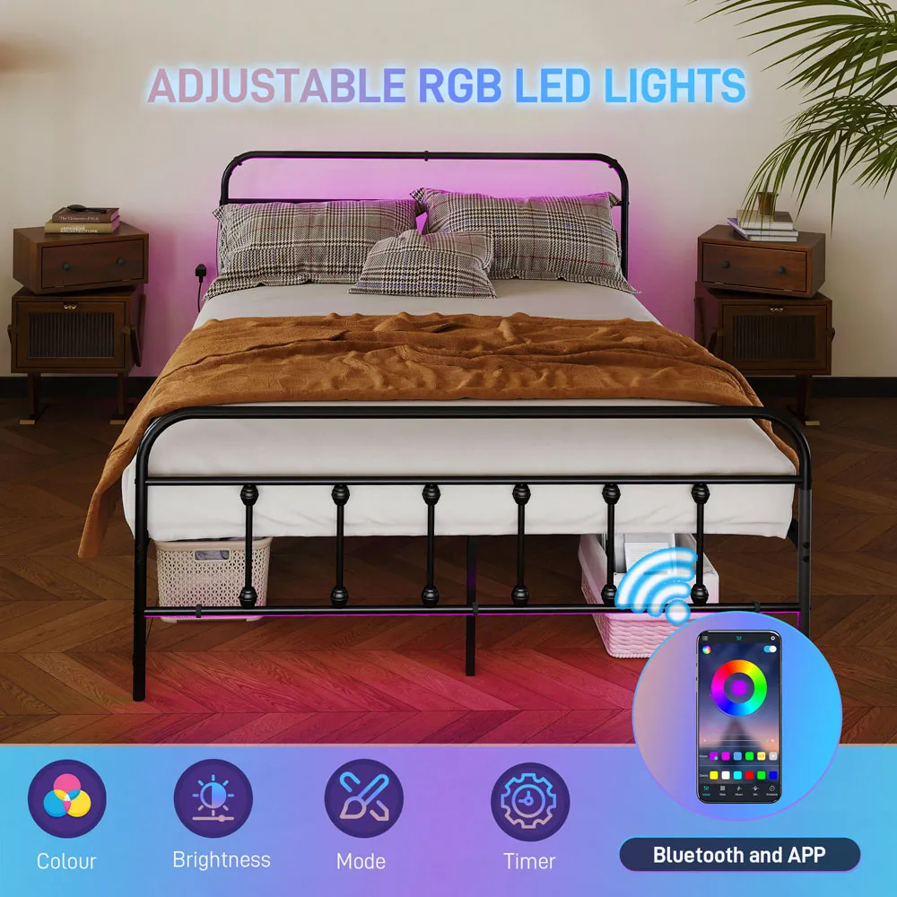 HOMCOM Double Bed Frame with LED Lights - Black