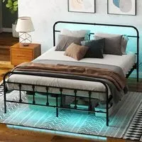 HOMCOM Double Bed Frame with LED Lights - Black
