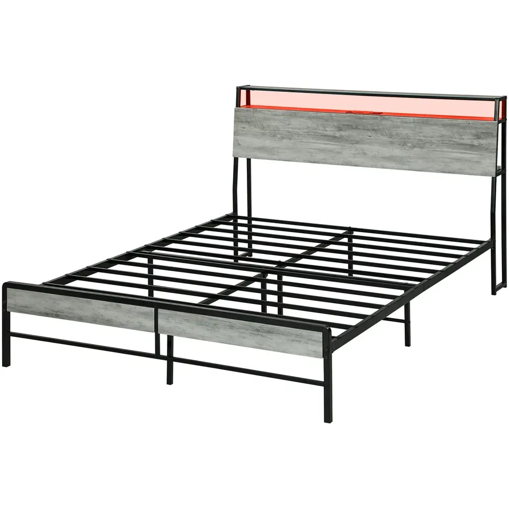 HOMCOM King Size Bed Frame with Charging Station - Grey
