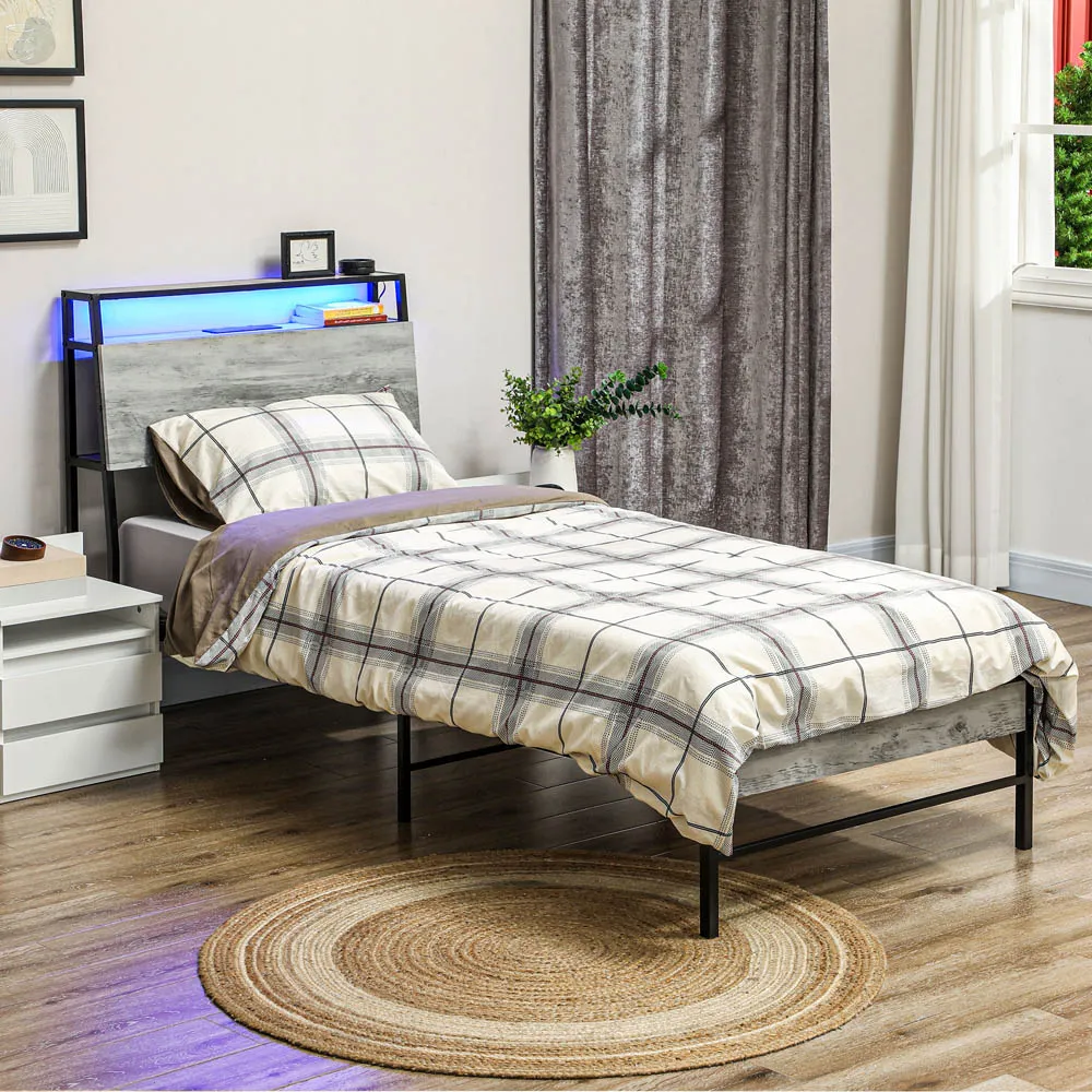 HOMCOM Single Bed Frame with Charging Station and Lights - Grey