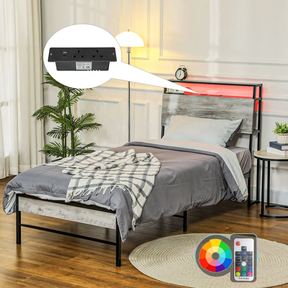 HOMCOM Single Bed Frame with Charging Station and Lights - Grey