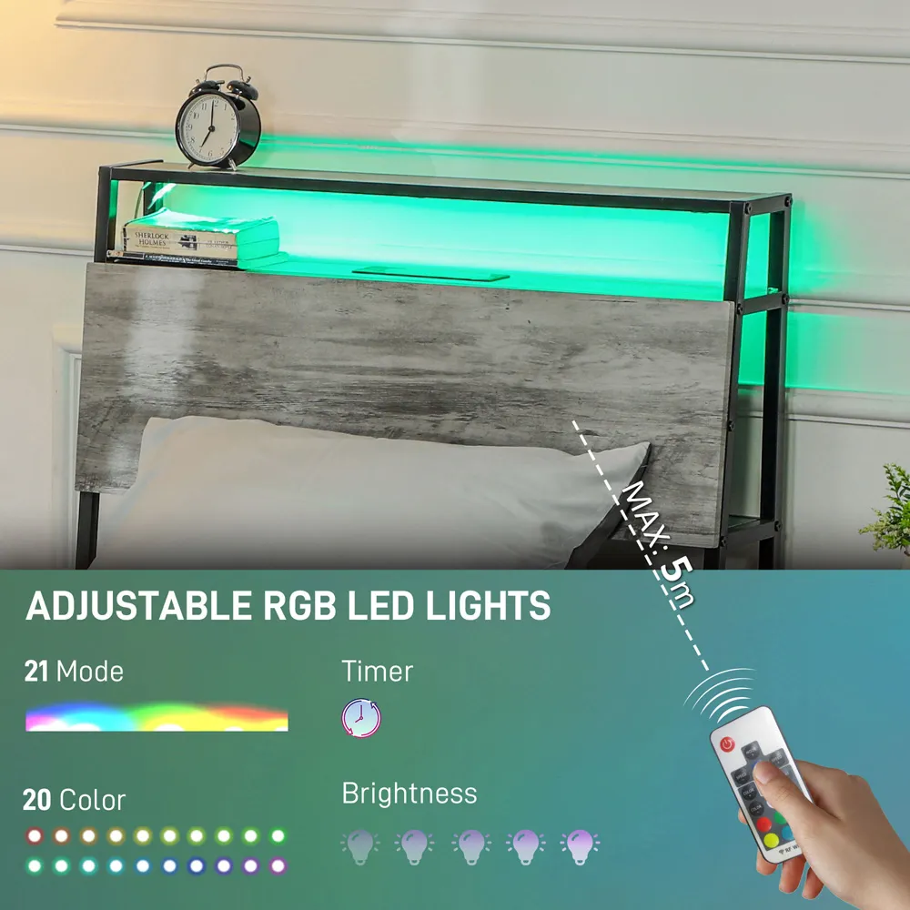 HOMCOM Single Bed Frame with Charging Station and Lights - Grey