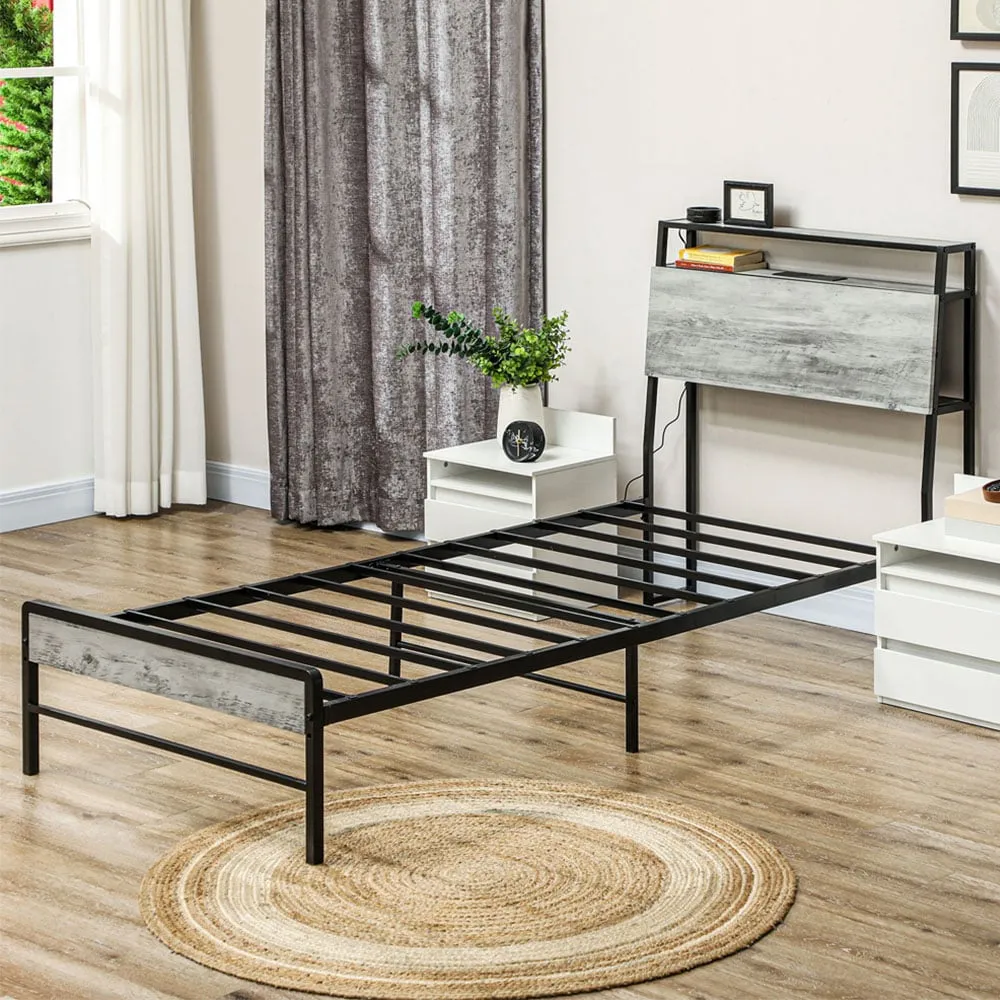 HOMCOM Single Bed Frame with Charging Station and Lights - Grey image