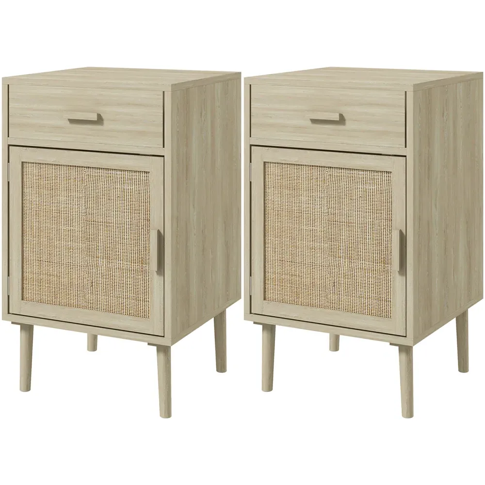 HOMCOM Single Door Bedside Table Set of 2 - Brown, Rattan