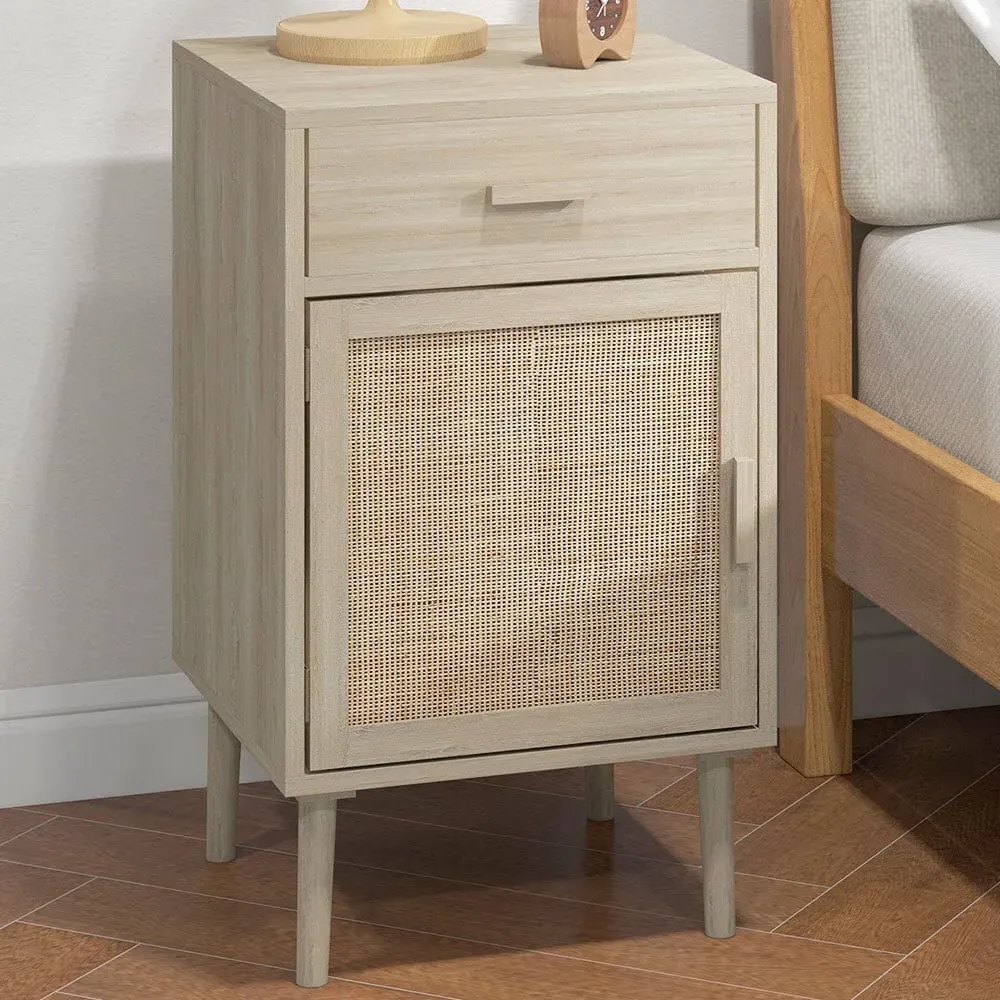 HOMCOM Single Door Bedside Table Set of 2 - Brown, Rattan