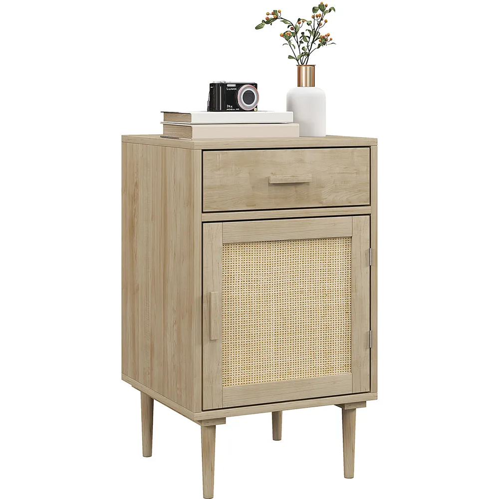 HOMCOM Single Door Bedside Table with Drawer - Brown, Rattan