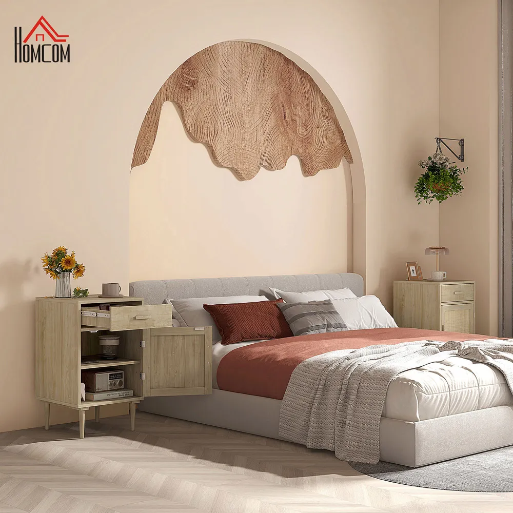 HOMCOM Single Door Bedside Table with Drawer - Brown, Rattan