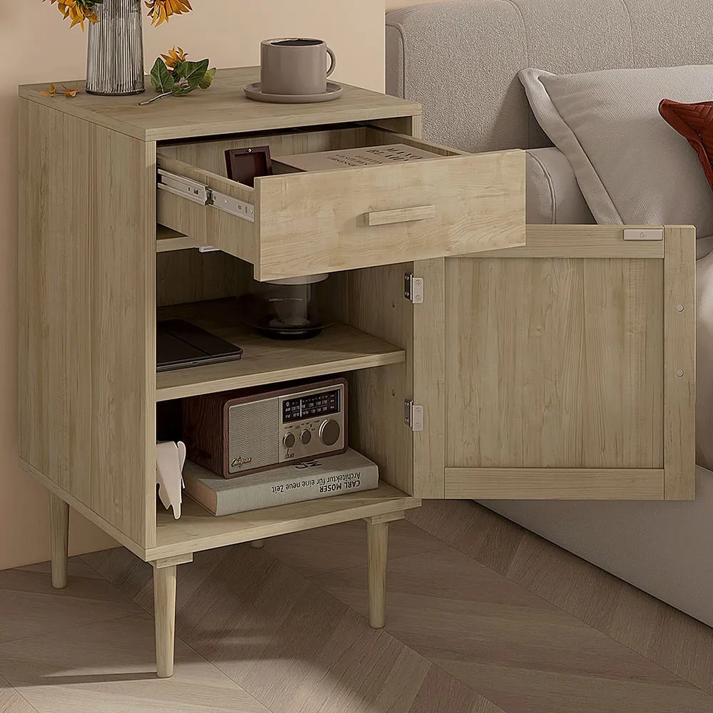 HOMCOM Single Door Bedside Table with Drawer - Brown, Rattan