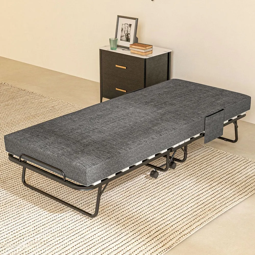 HOMCOM Single Folding Bed with Mattress and Wheels - Dark Grey