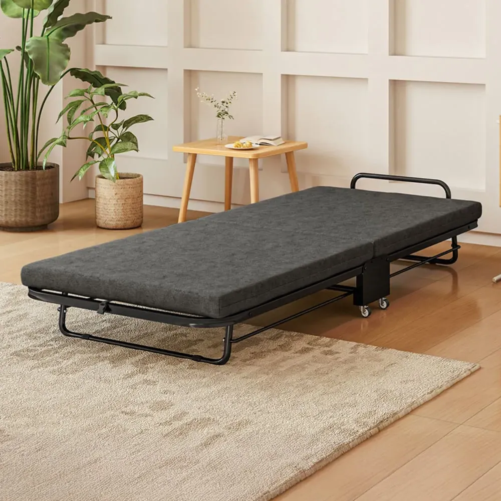 HOMCOM Single Folding Bed with Mattress and Wheels - Grey image