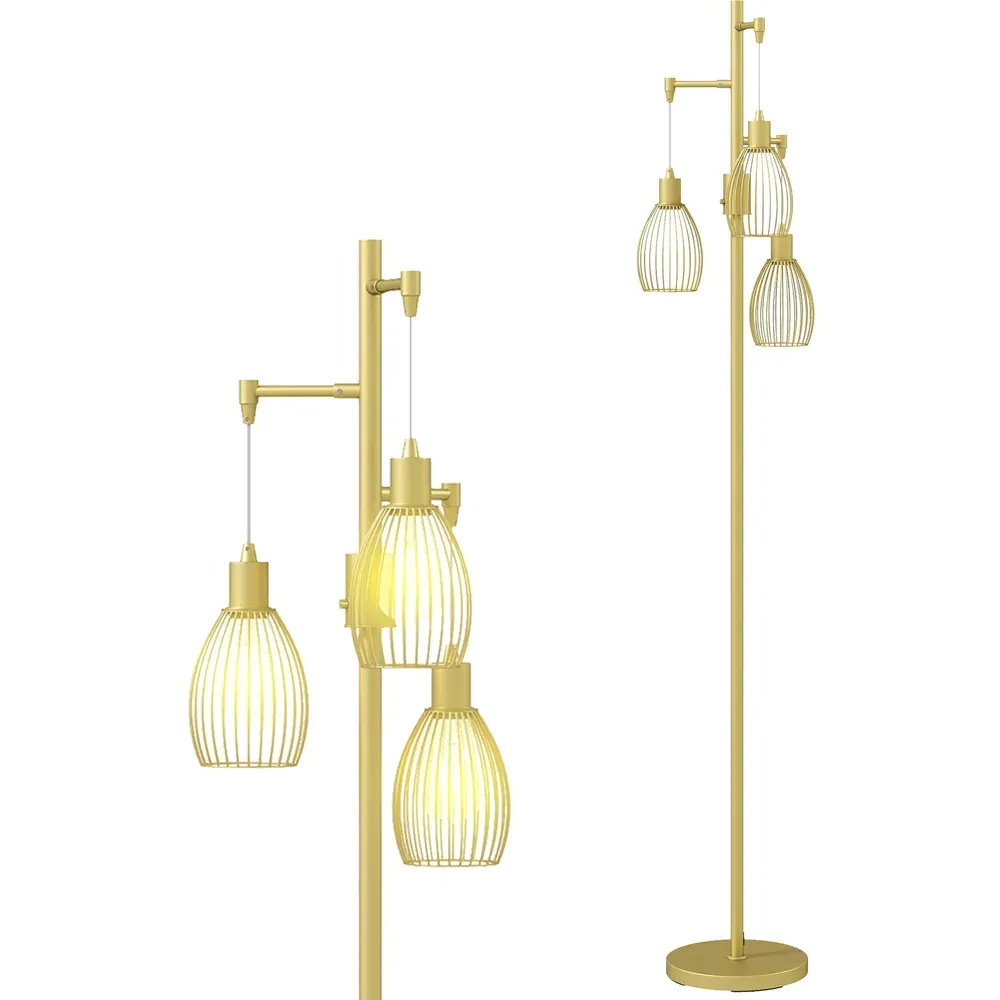 Industrial 3 Light Dimmable Floor Lamp - Gold, Steel