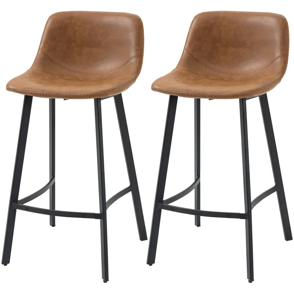 Industrial Bar Stool Set of 2 - Brown, Faux Leather