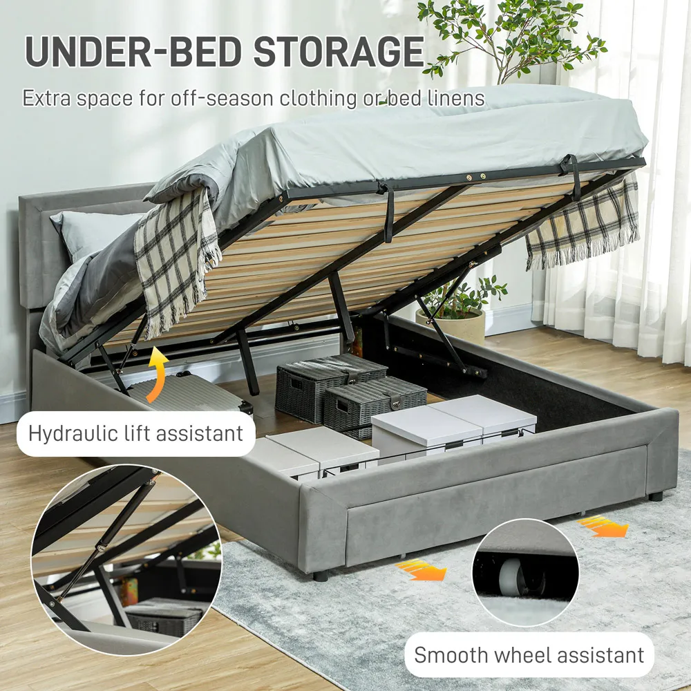 King Size Storage Bed with Hydraulic Lift - Grey, Velvet