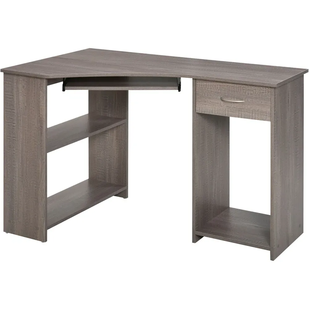 L-Shaped Corner Computer Desk with 2 Shelves - Grey